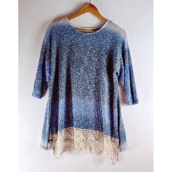 Faded Glory Tops - Tunic Soft Stretch Knit Crotchet Trim Faded Glory Shades of Blue Cotton Cottage